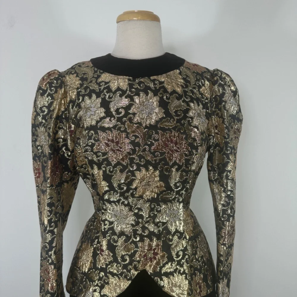 VTG JESSICA McCLINTOCK Velvet Brocade Party Dress Puff Black Gold Ball Gown 10
